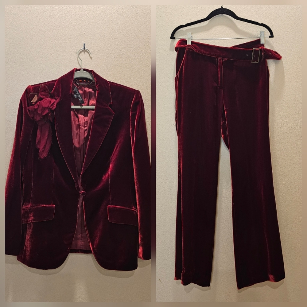 Anne Klein Rich Burgundy Velvet Blazer and Pants Set